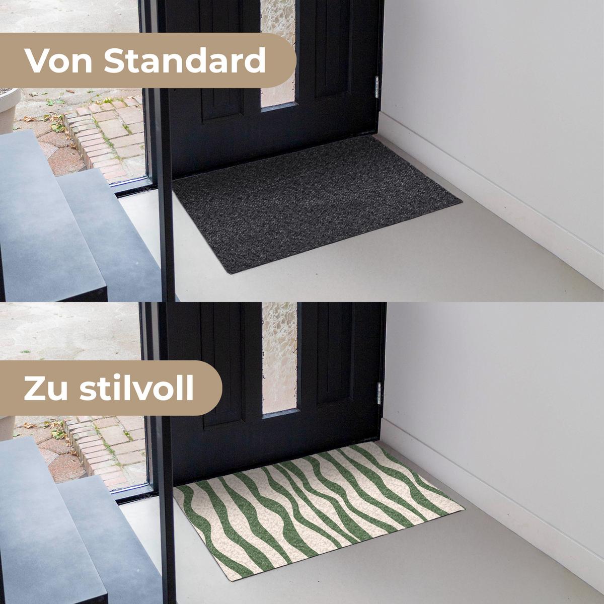 FUSSMATTE Wellenlinien - Beige - Grün - Streifen - Abstrakt Fußabtreter 90x60 cm - Dunkelgrün, Kunststoff (90/0.4cm) - MuchoWow