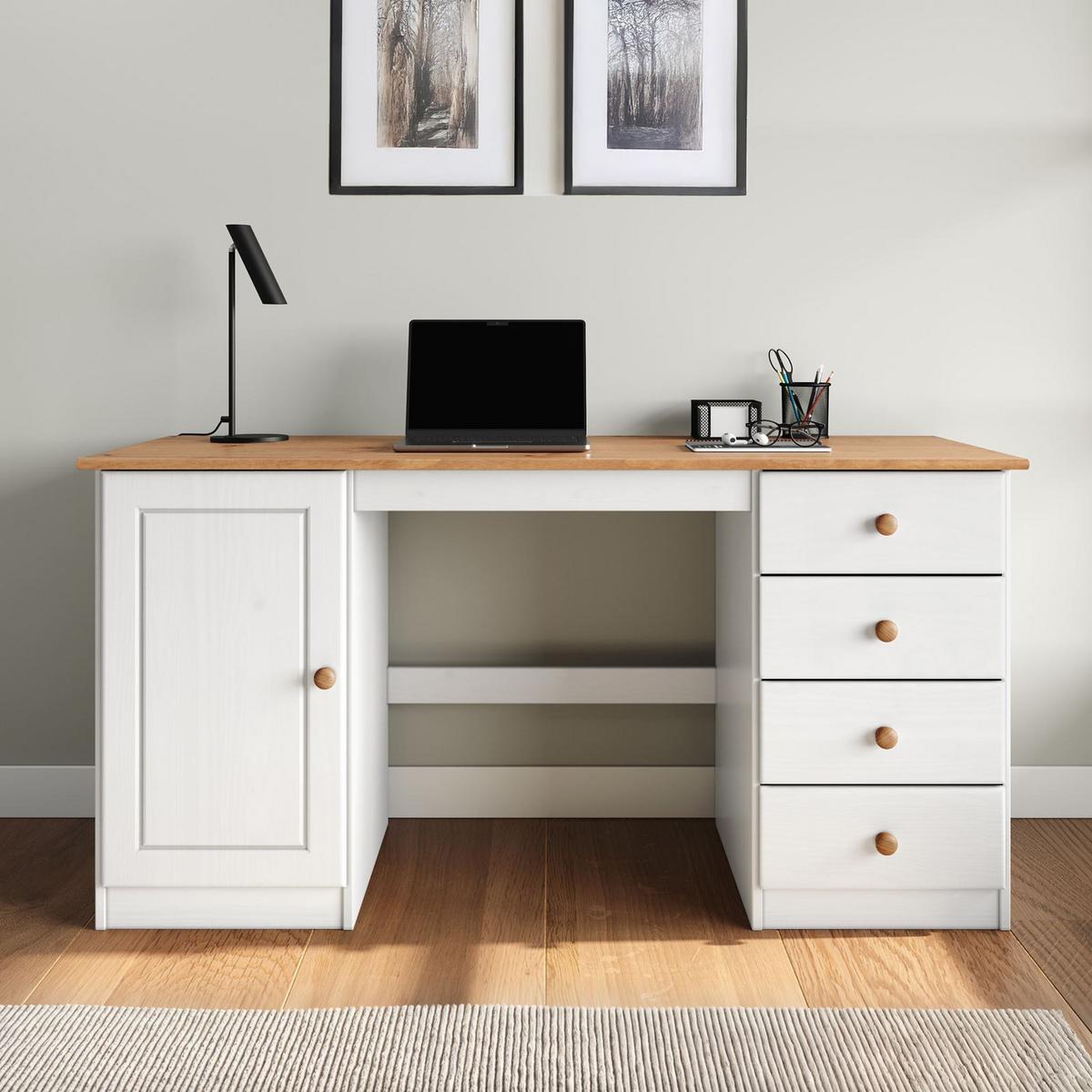 SCHREIBTISCH MANAGER weiß/Eiche - Eichefarben/Weiß, Holz (54/145/73cm) - IDIMEX