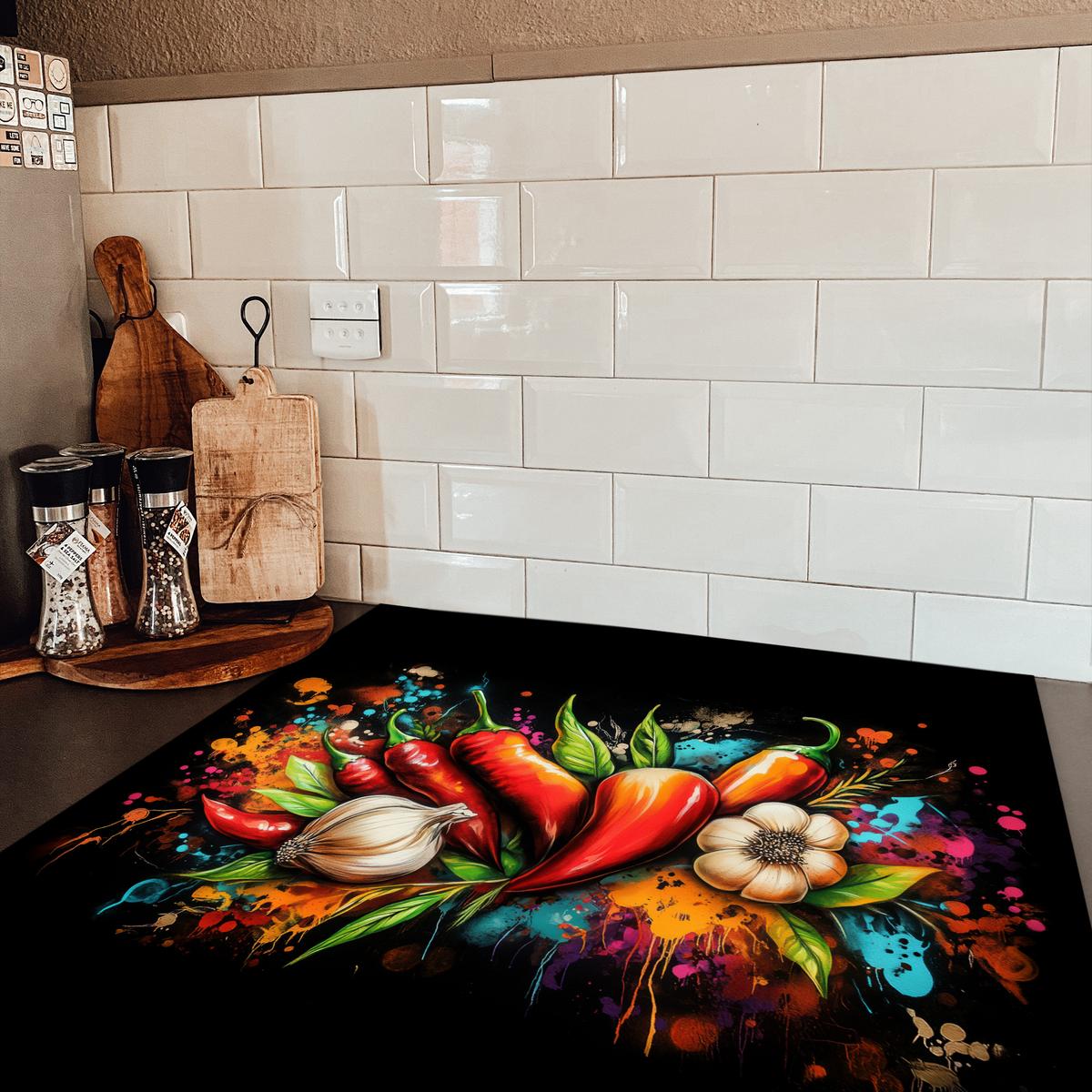 HERDABDECKPLATTE Gemüse - Paprika - Knoblauch - Graffiti - Farbe - Bunt Induktionsmatte 78x78 cm - Rot, Kunststoff (78/78/0.2cm) - MuchoWow