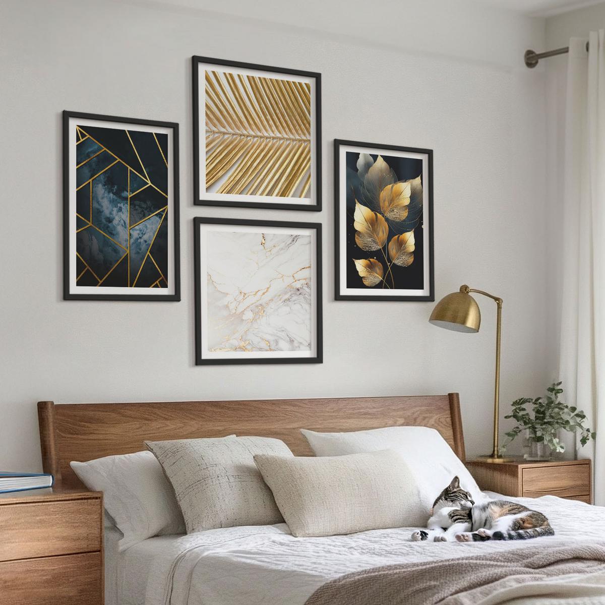 BILDER SET 4er Set - 50x50 cm & 40x60 cm Schwarzer Rahmen - Moderne Pflanzenmuster - Schwarz, Kunststoff (50/50cm) - TULUP