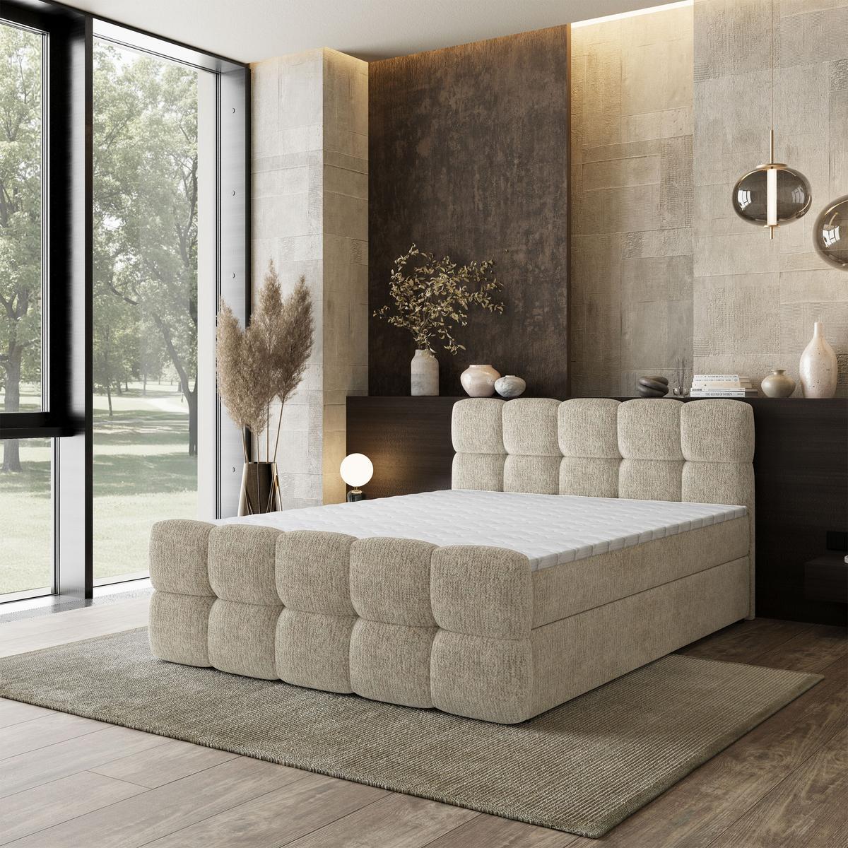 BOXBETT BRUME 160x200 cm mit Matratze und Topper, H2+H3 - Creme - Creme, Holz (160/200cm) - MASSENO
