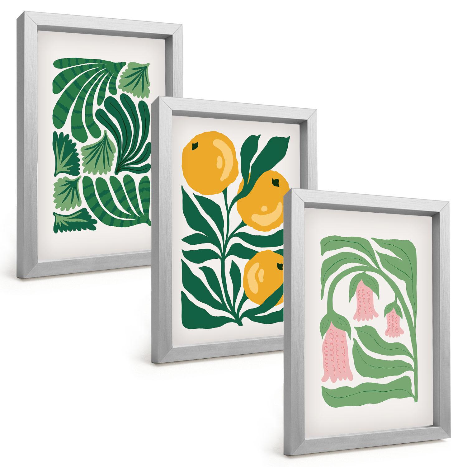 BILDER SET 3er Set - 20x30 cm Silberner Rahmen - Minimalistische Pflanzenmuster - Silberfarben, Kunststoff (20/30cm) - TULUP
