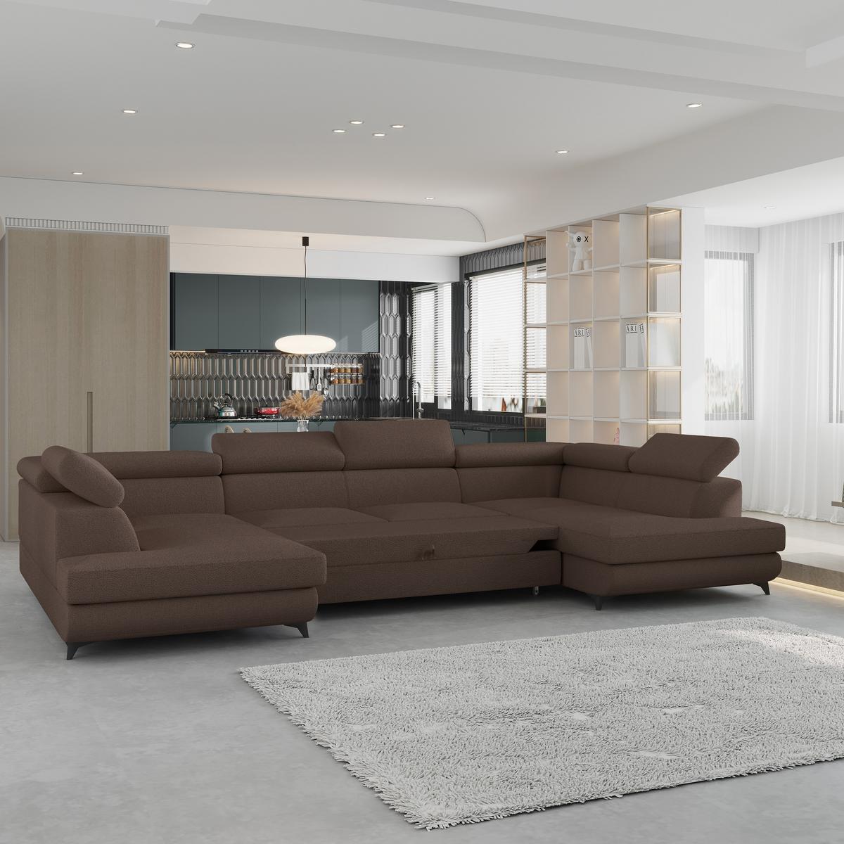 WOHNLANDSCHAFT VINTESSA Braun Boucle-Stoff mit Schlaffunktion - Braun, Holz (323/89/190cm) - MASSENO