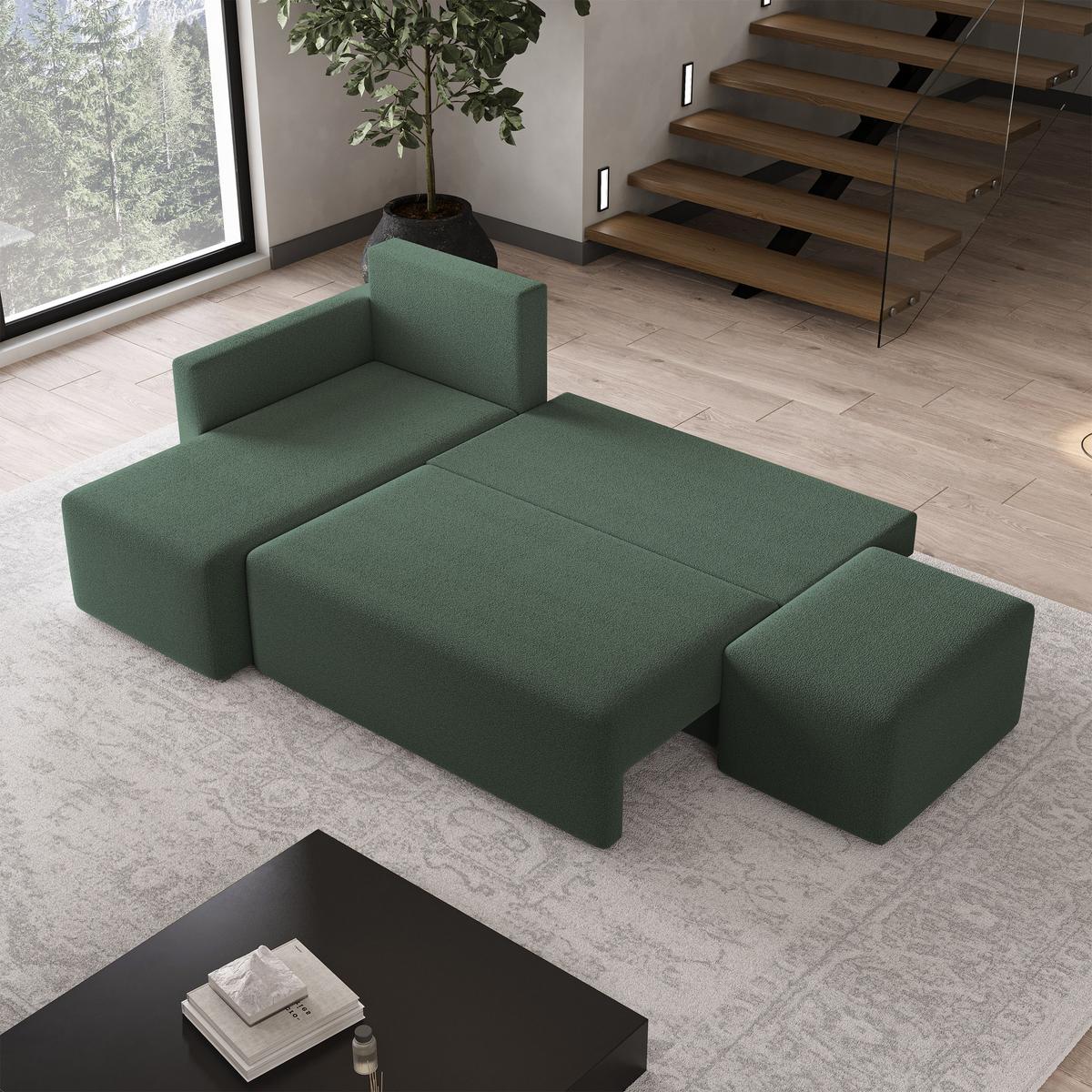 ECKSOFA VELOTTI L-S Grün Boucle-Stoff mit Schlaffunktion - Grün, Holz (261/143cm) - MASSENO