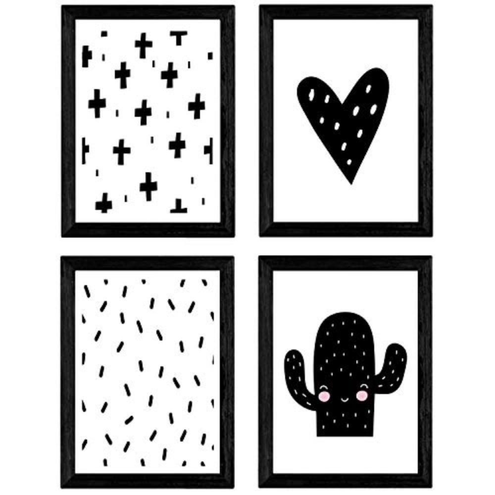 POSTER Set mit 4 Kaktus und Herz Tieren A3 Schwarzer Rahmen - Schwarz, Papier (29.7/3cm) - Nacnic