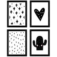 POSTER Set mit 4 Kaktus und Herz Tieren A3 Schwarzer Rahmen - Schwarz, Papier (29.7/3cm) - Nacnic