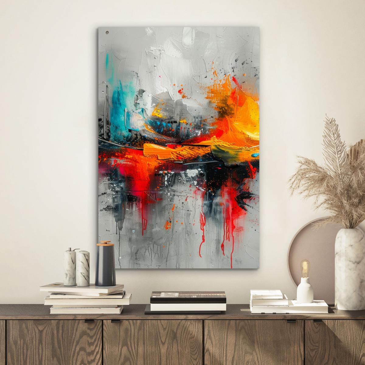 METALLBILD Moderne Kunst - Orange - Grau - Abstrakt Deko Schlafzimmer 40x60 cm - Hellgrau, Metall (40/60cm) - MuchoWow