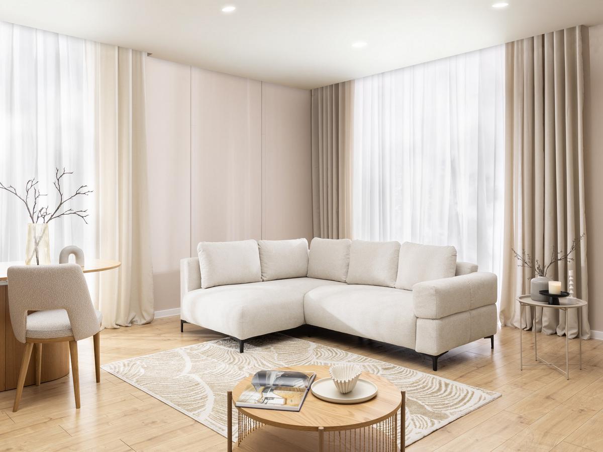 ECKSOFA Cardea in Bubble-Optik aus weichem Creme Strukturstoff mit hohem Sitzkomfort - Ottomane links - Creme/Schwarz, Holz/Textil (170/230cm) - S-Style Möbel