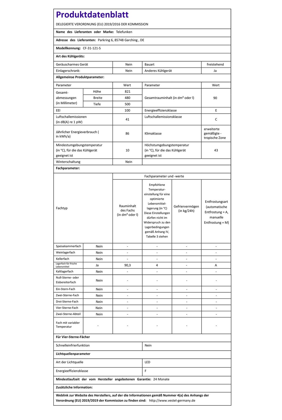 KÜHLSCHRANK, ohne Gefrierfach, freistehend, klein, 90 Liter Nutzinhalt, mit Gemüsefach & 3 Ablagen, Temperaturregelung, CF-31-121-S - Silberfarben, Kunststoff/Metall (48/82.1/50cm) - Telefunken