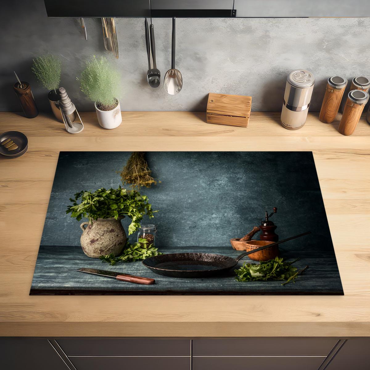 HERDABDECKPLATTE Kräuter - Gewürze - Pfanne - Messer - Grau - Rustikal Ceranfeldabdeckung 80x52 cm - Petrol, Kunststoff (80/52/0.2cm) - MuchoWow