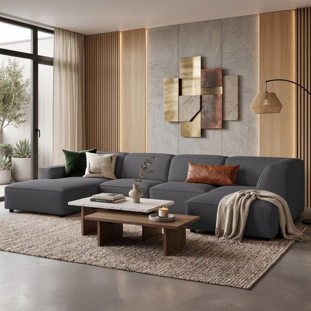 WOHNLANDSCHAFT Sellmo 366 cm - Dunkelgrau/Schwarz, Kunststoff/Textil (370/70/184cm) - Selsey