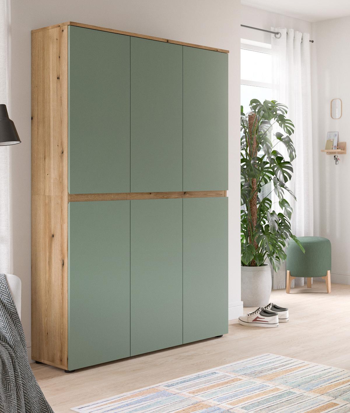 MEHRZWECKSCHRANK grün, Evoke Eiche 105 x 175 cm, Stauraumschrank 6-türig mit 18 Fächern - Eichefarben/Schwarz, Holzwerkstoff/Kunststoff (105/175/37cm) - Inn.Furn