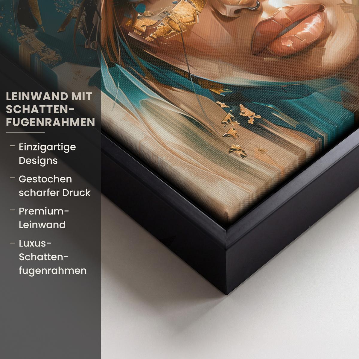 LEINWAND Bilder mit Rahmen - Frau - Porträt - Gold - Luxus - Blau - 20x20 - Türkis, Textil (20/20cm) - MuchoWow
