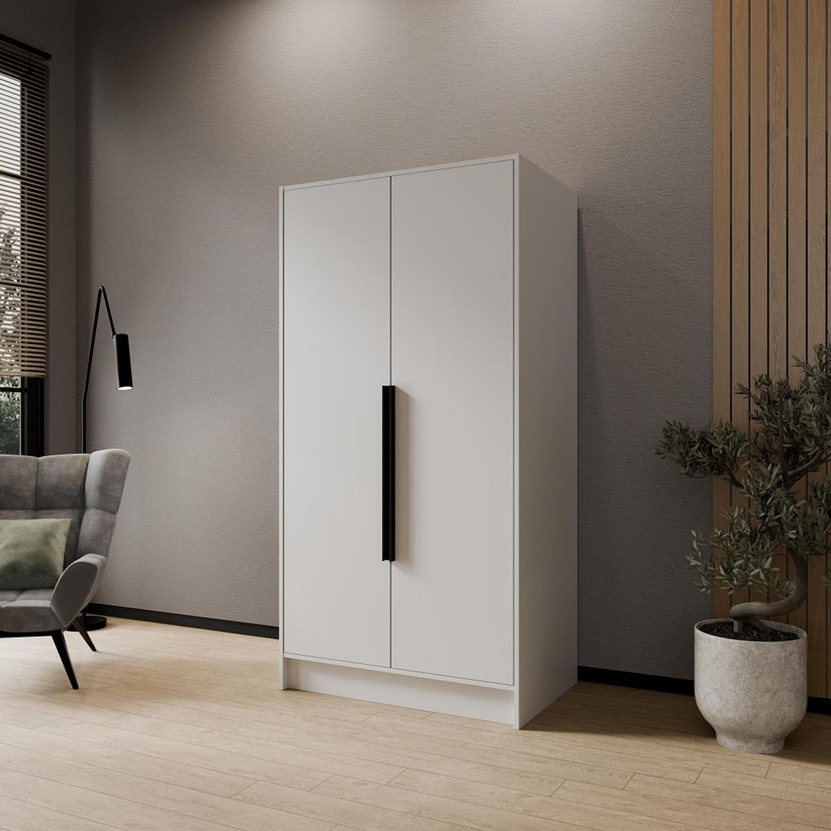 DREHTÜRENSCHRANK Pavia ohne Spiegel, Weiß mit mit schwarzen Griffen, 100 cm - Weiß, Holzwerkstoff (100/200/51cm) - Beautysofa