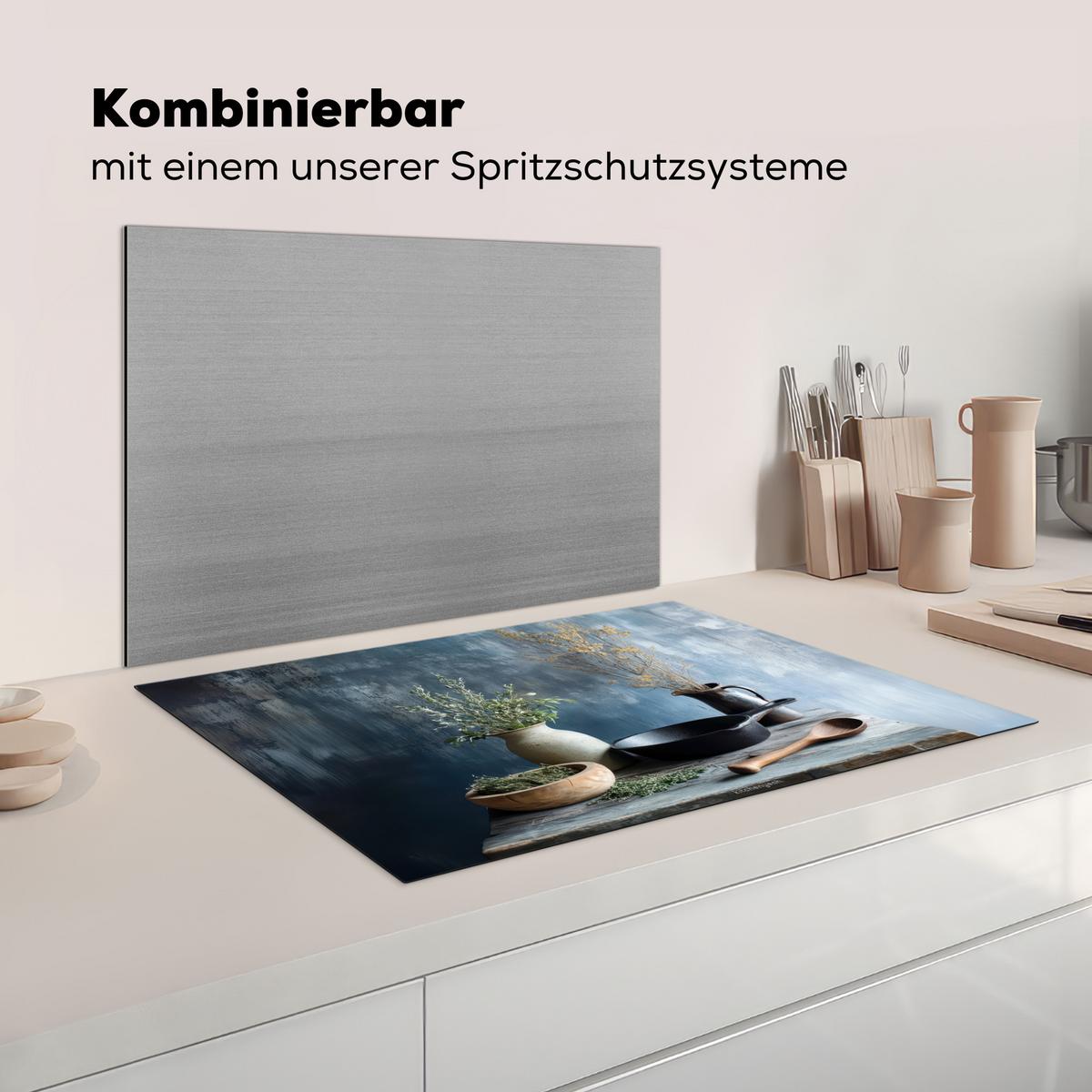 HERDABDECKPLATTE Stilleben - Kräuter - Rustikal Ceranfeldabdeckung 78x52 cm - Blaugrau, Kunststoff (78/52/0.2cm) - MuchoWow