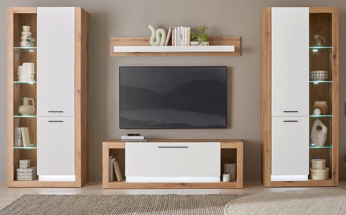 WOHNWAND weiß matt, Evoke Eiche, Wohnkombination Set 4-teilig 350 cm - Eichefarben/Silberfarben, Glas/Holzwerkstoff (350/195/43cm) - Furn.Design