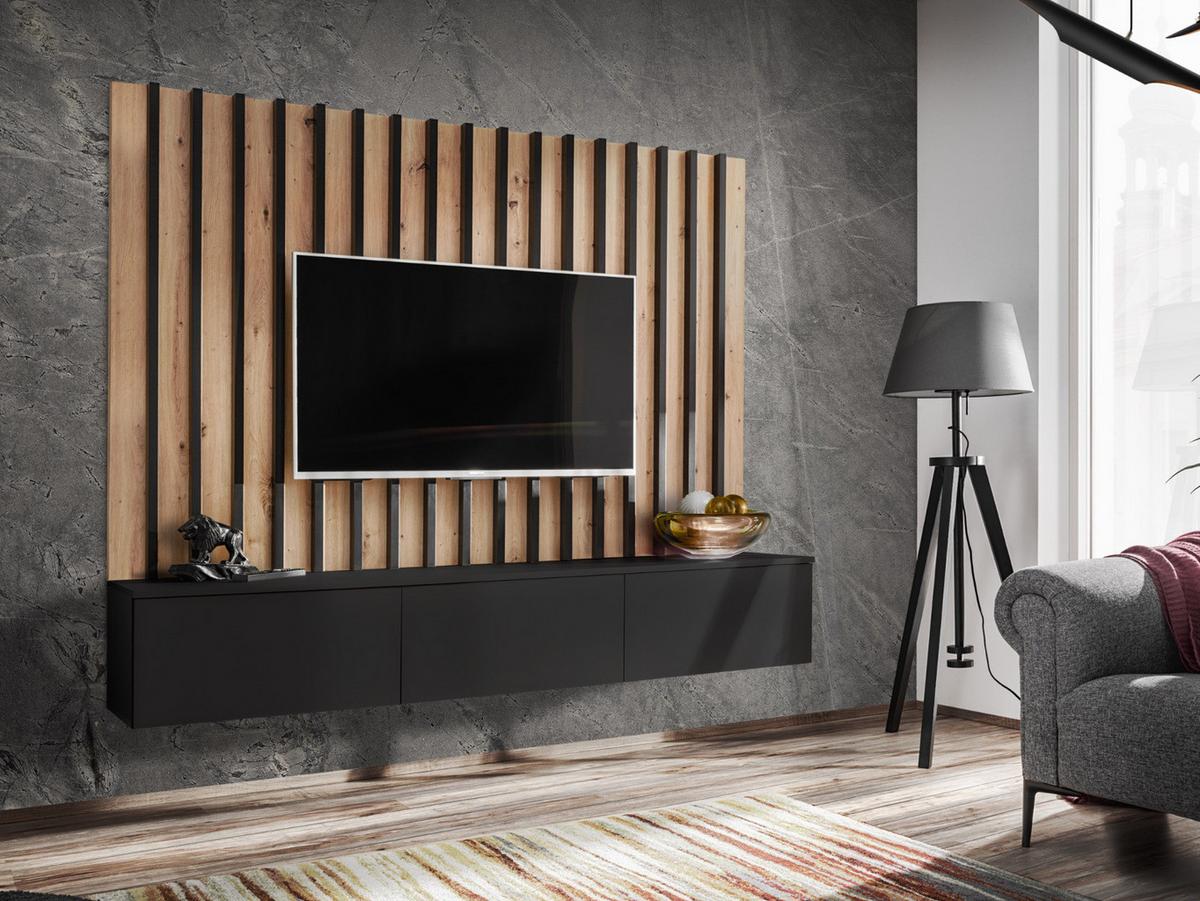 TV LOWBOARD schwarz, Artisan Eiche 180 cm, Set TV-Board inkl. Akustik Wandpanel, Push-to-Open - Schwarz/Eiche Artisan, Holzwerkstoff (180/148/35cm) - Furn.Design