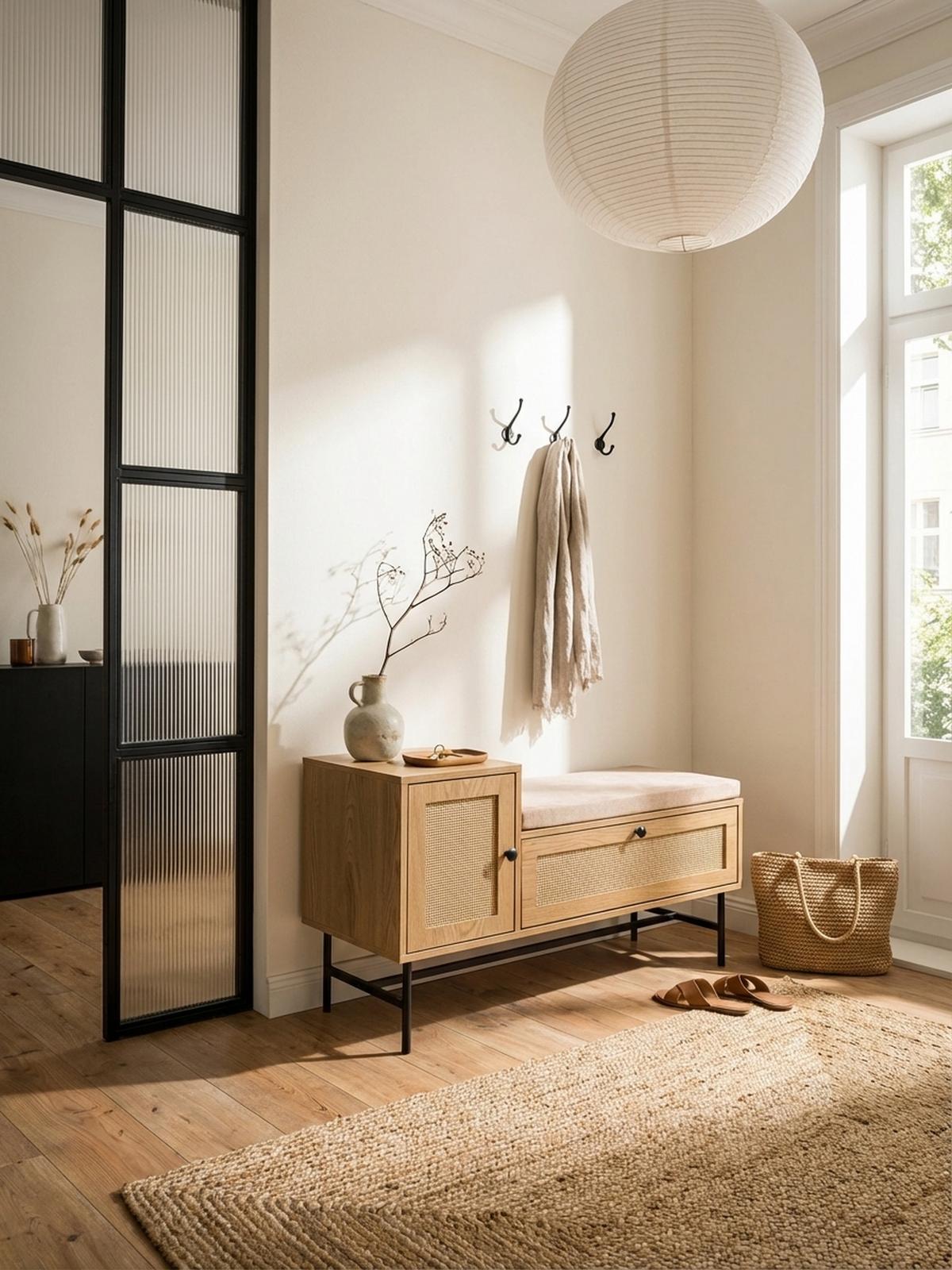 SCHUHBANK – Eiche-Dekor, 100x60x38 cm, Rattan-Elemente, gepolstert, mit Stauraum - Beige/Schwarz, Textil/Metall (100/60/38cm) - KADIMA DESIGN