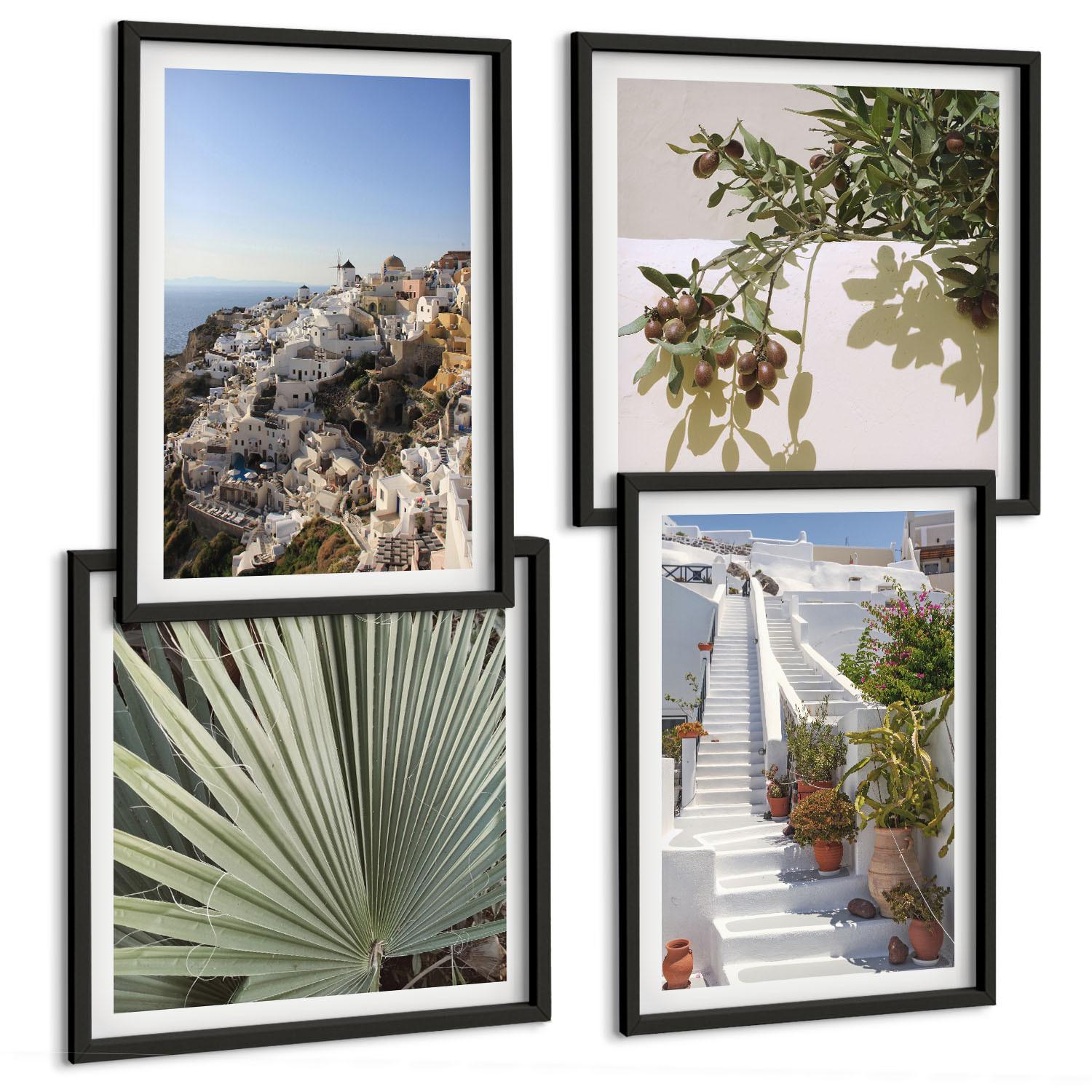BILDER SET 4er Set - 50x50 cm & 40x60 cm Schwarzer Rahmen - Weiße Treppe mit Blick auf Santorini - Schwarz, Kunststoff (50/50cm) - TULUP