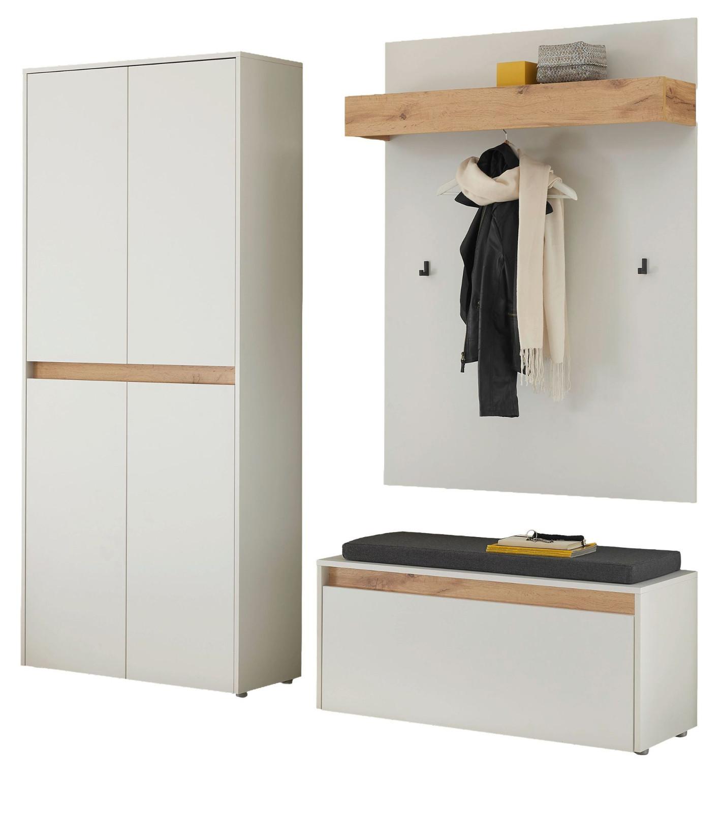 GARDEROBEN-SET weiß matt, Eiche Wotan 195 cm 4-teilig, Flurgarderobe mit viel Stauraum - Eiche Wotan/Schwarz, Holzwerkstoff/Kunststoff (195/200/40cm) - Furn.Design
