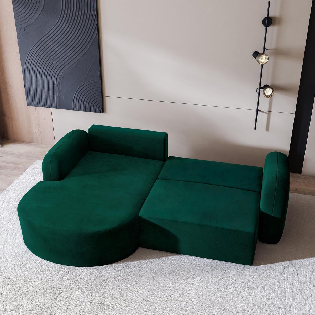 ECKSOFA AMILIA M L-S Grün Velours-Stoff mit Schlaffunktion - Grün, Holz (263/174cm) - MASSENO