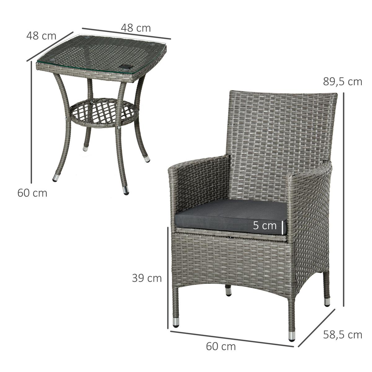 RATTAN Gartenmöbel Set mit Beistelltisch, Bistroset 3-tlg., Polyrattan + Stahl - Grau, Metall - Outsunny