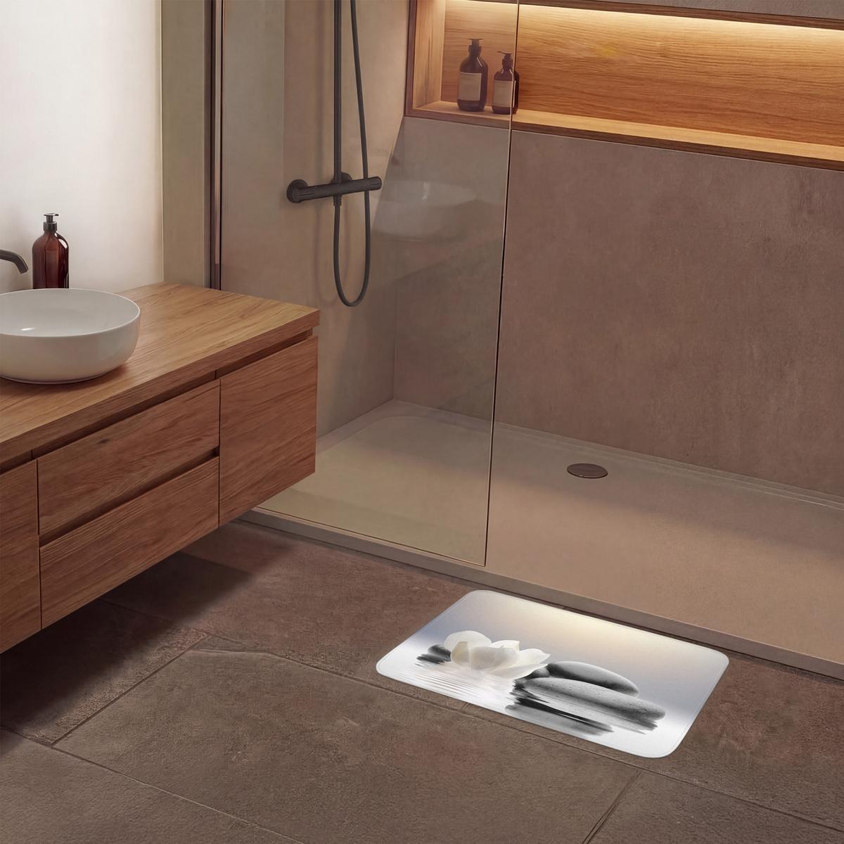 BADEMATTE Steine - Lotus - Weiß - Wasser - Zen 60x40 cm - Weiß, Textil (60/40cm) - OnlyWow