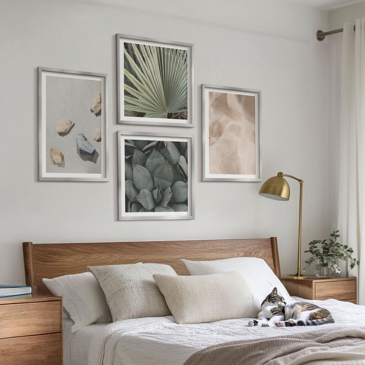 BILDER SET 4er Set - 50x50 cm & 40x60 cm Silberner Rahmen - Steine, Holz, Stofftexturen - Silberfarben, Kunststoff (50/50cm) - TULUP