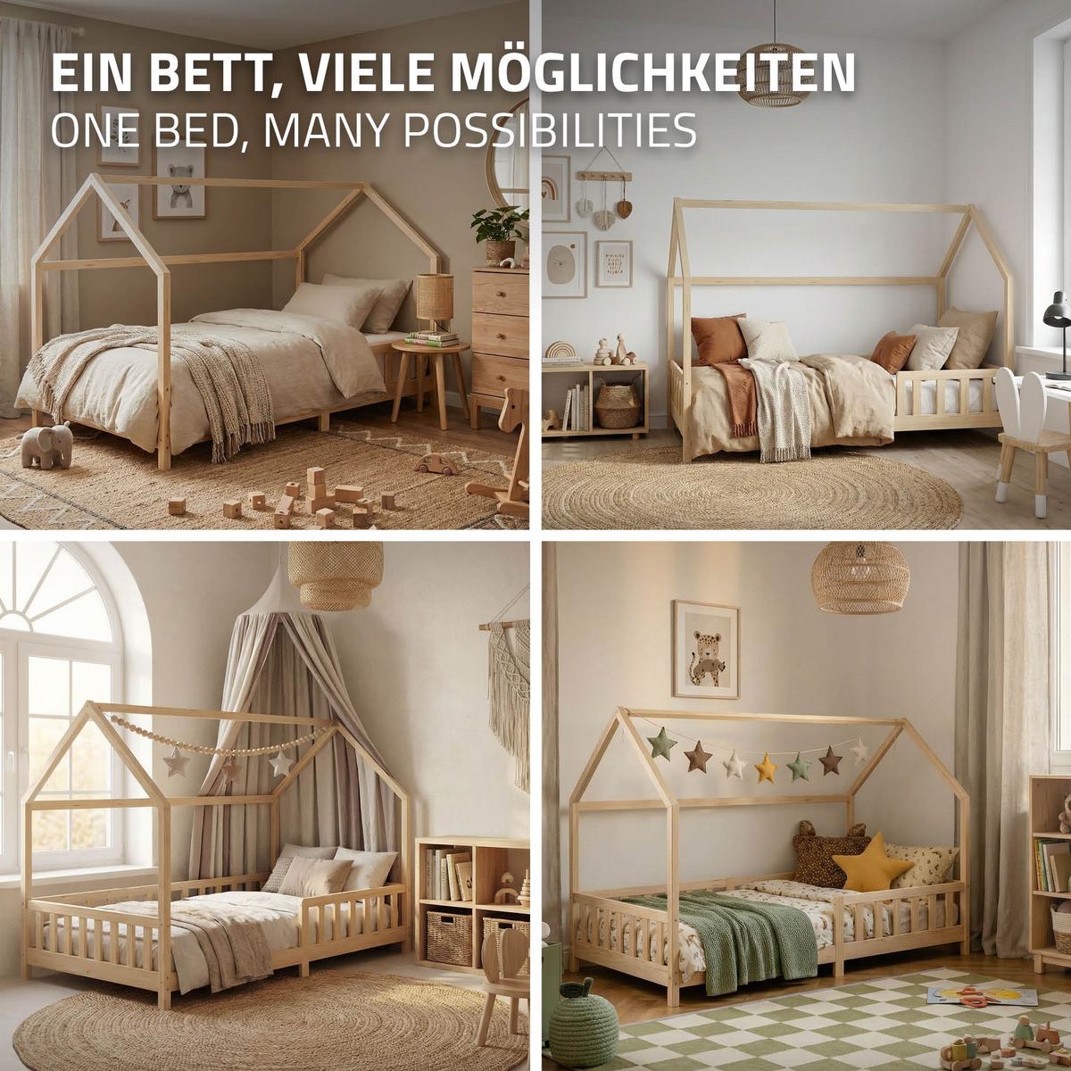KINDERBETT 120x200 cm mit Rausfallschutz Natur aus Kiefernholz massiv - Naturfarben, Holz (120/200cm) - ML-DESIGN