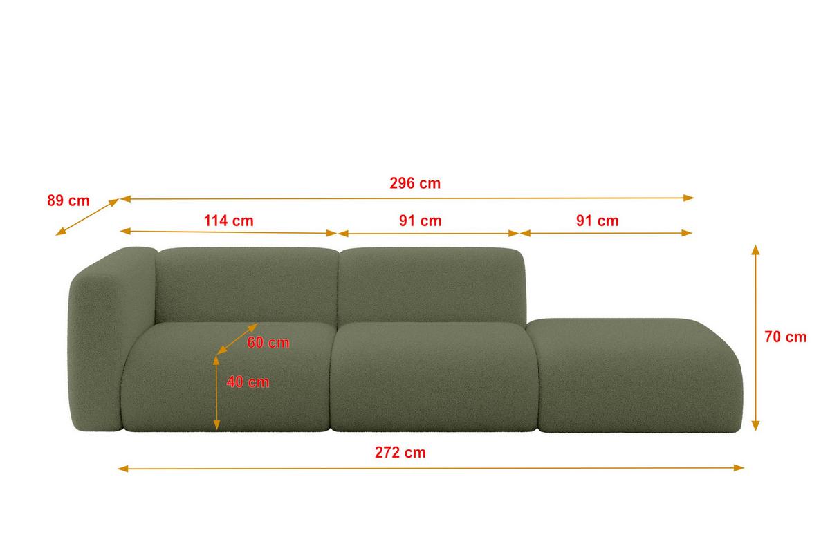 SOFA Ottomane Links MIRA-S3 296x89x70 Grün Bouclé - Schwarz/Olivgrün, Holzwerkstoff/Kunststoff (296/70/89cm) - ALTDECOR