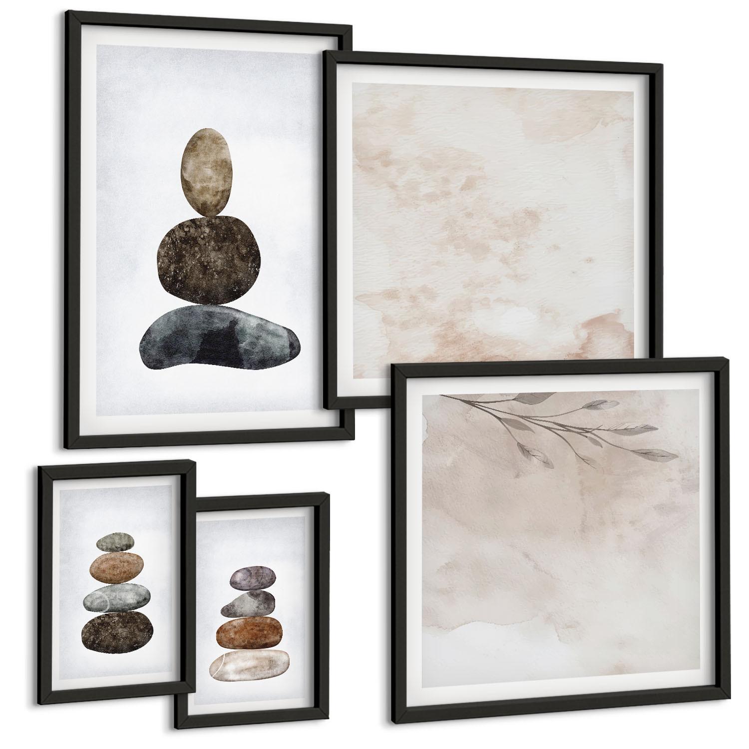BILDER SET 5er Set - 50x50 cm & 20x30 cm & 40x60 cm Schwarzer Rahmen - Steinstapel-Boho-Malerei - Schwarz, Kunststoff (40/60cm) - TULUP