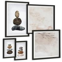 BILDER SET 5er Set - 50x50 cm & 20x30 cm & 40x60 cm Schwarzer Rahmen - Steinstapel-Boho-Malerei - Schwarz, Kunststoff (40/60cm) - TULUP