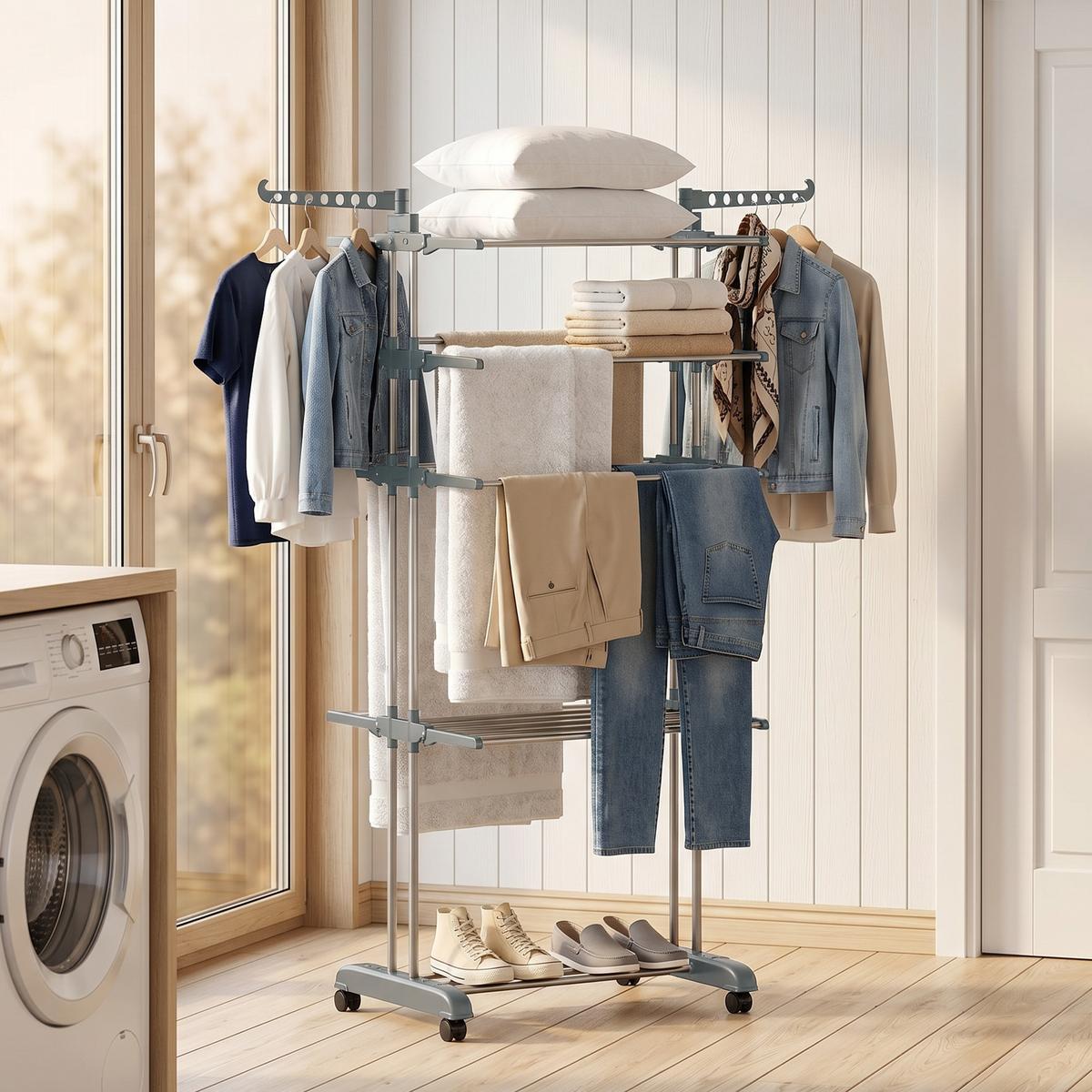 WÄSCHESTÄNDER Plastic Stahl Grau - Grau, Kunststoff/Metall (64/172/73cm) - HOMCOM