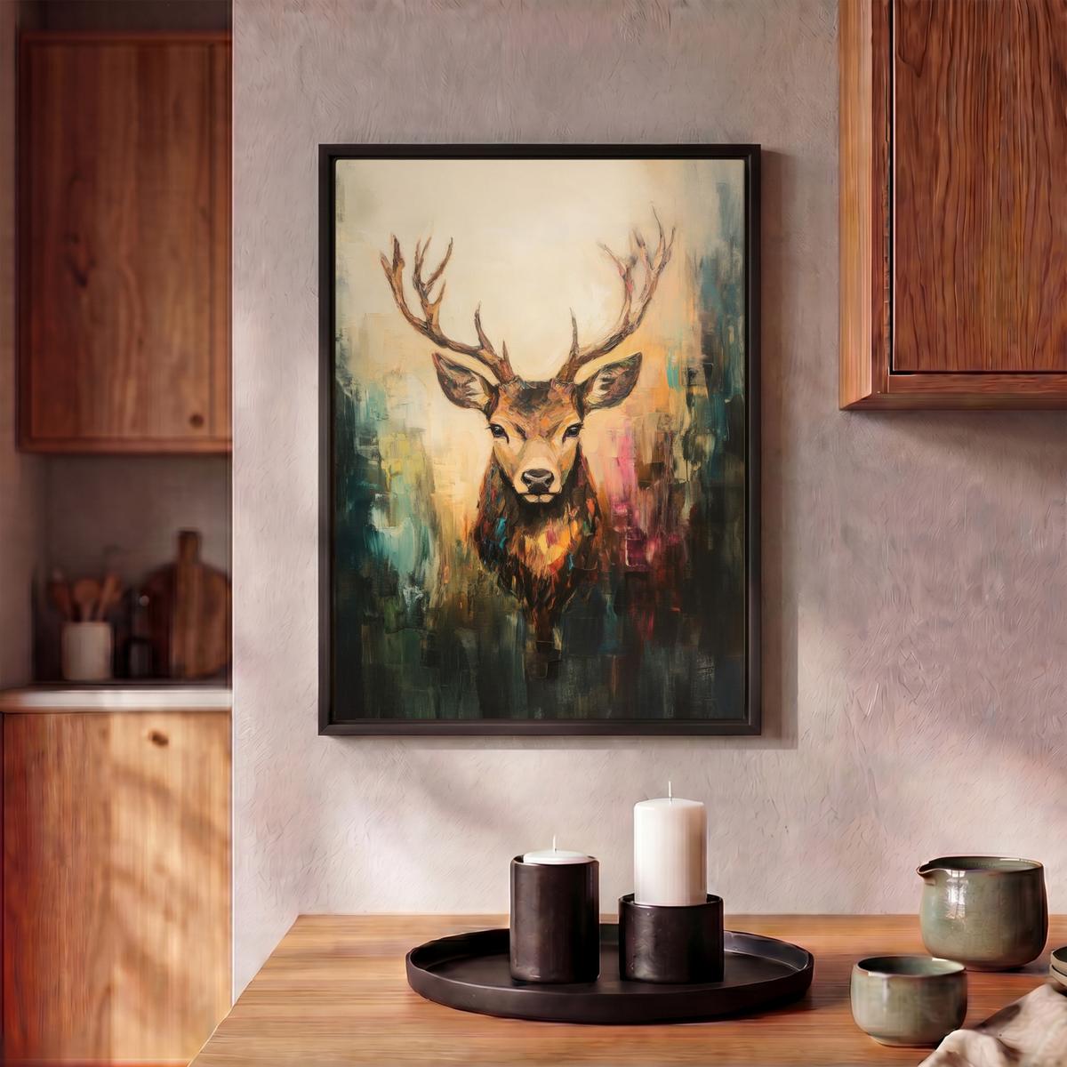 LEINWAND Bilder mit Rahmen - Hirsch - Gemalt - Geweih - Braun - 30x40 - Haselnussfarben, Textil (30/40cm) - MuchoWow