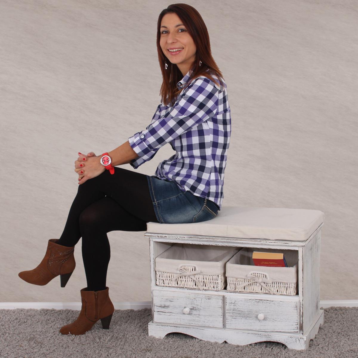 SITZBANK 2 KÖRBE SHABBY-LOOK Cremeweiß - Creme/Weiß, Holz (62/42/33cm) - MCW