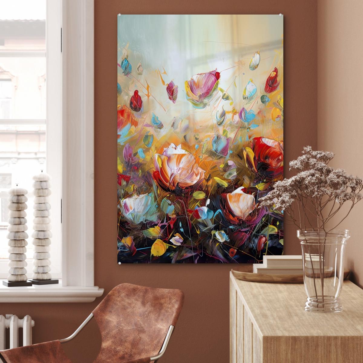 ACRYLGLASBILD Blumen - Kunst - Natur - Ölgemälde 80x120 cm - Multicolor, Glas (80/120cm) - MuchoWow