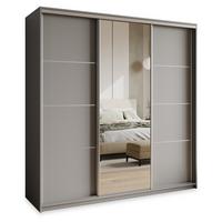 SCHWEBETÜRENSCHRANK VARO 180/205/60 cm 3-türig mit Spiegel und Schubladen Graphitfarben - Graphitfarben/Nickelfarben, Holzwerkstoff (180/205/60cm) - MASSENO