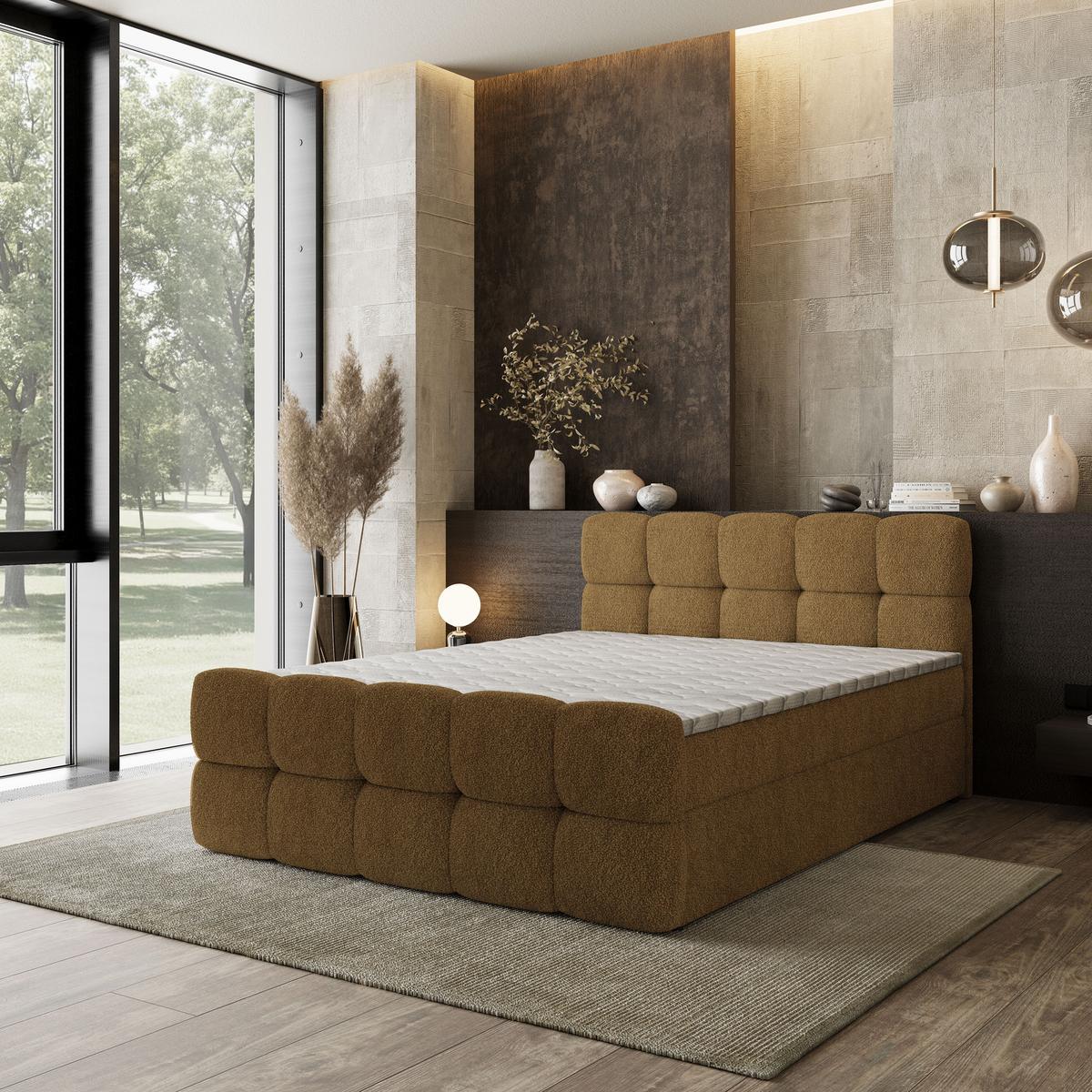 BOXBETT BRUME 160x200 cm mit Matratze und Topper, H2+H3 - Orange - Orange, Holz (160/200cm) - MASSENO