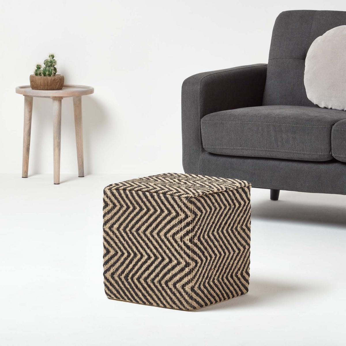 SITZWÜRFEL Jute mit Ethno-Muster, 36/36/38 cm - Schwarz, Textil (36/38/36cm) - Homescapes