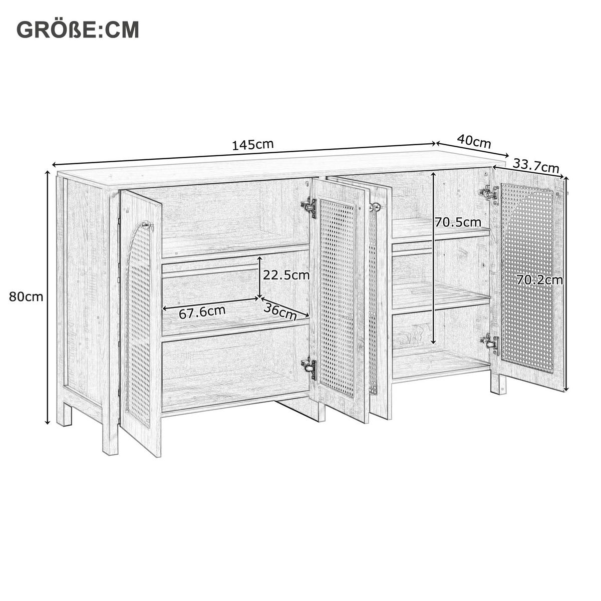 SIDEBOARD 145 cm in Natur Rattan-Optik & 4 Türen im Boho-Stil - Naturfarben, Holzwerkstoff (145/40/80cm) - Urban Meuble