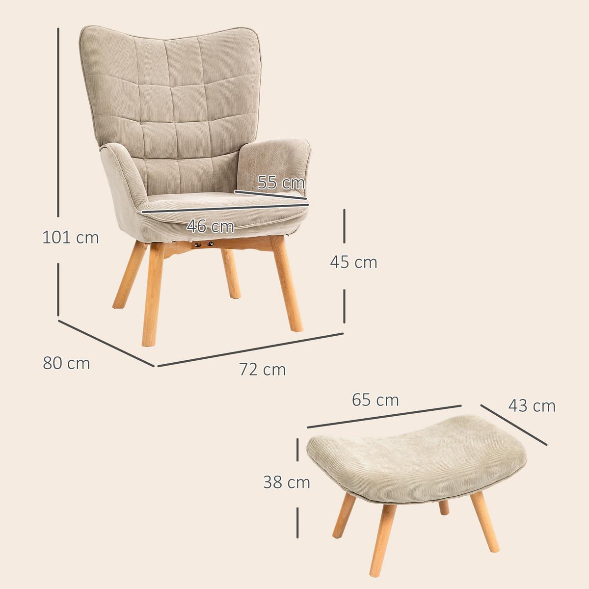 OHRENSESSEL mit Hocker, Relaxsessel, Polstersessel in Cord-Optik, mit Holzbeine - Hellbraun/Braun, Buchenholz/Textil (72/101/80cm) - HOMCOM