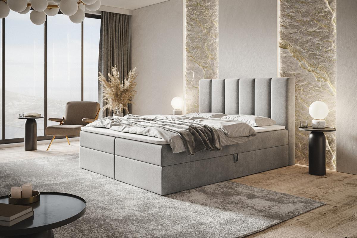 BOXBETT TOKIO mit 2 Bettkästen, 160x200, Farbe: Grau, Velourstoff, Doppelbett mit Bonell-Matratze - Grau, Holz/Kunststoff (160/200cm) - Alpi-Möbel