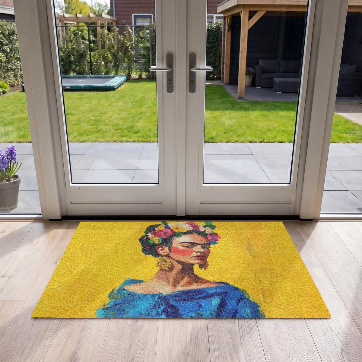 FUSSMATTE Frida Kahlo - Frau - Gelb - Blau - Blumen Schmutzfangmatte 120x80 cm - Gelb, Kunststoff (120/0.4cm) - MuchoWow