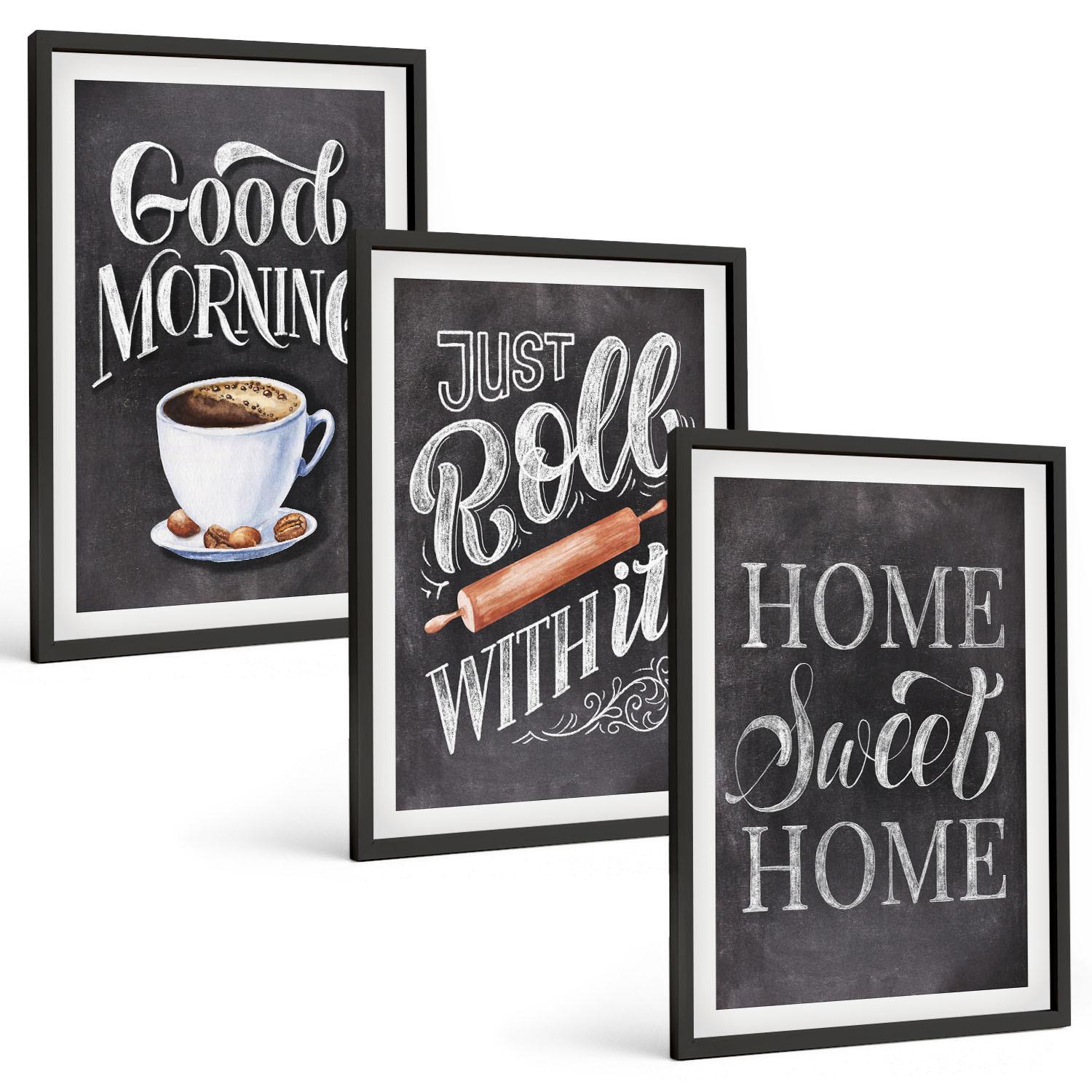BILDER SET 3er Set - 40x60 cm Schwarzer Rahmen - Motive und Inschriften für die Küche - Schwarz, Kunststoff (40/60cm) - TULUP