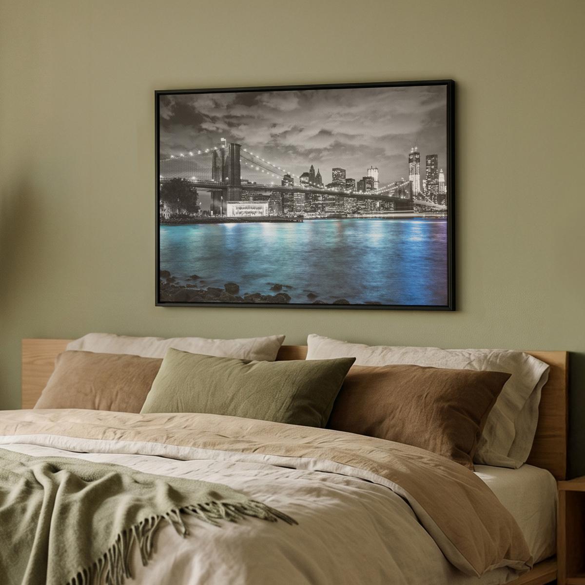 LEINWAND Bilder mit Rahmen - New York - Skyline - Stadt - Blau - 80x60 - Blaugrau, Textil (80/60cm) - MuchoWow