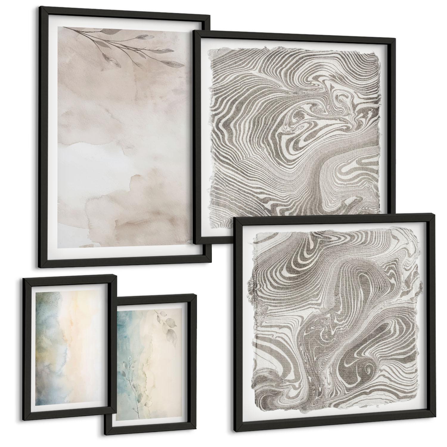BILDER SET 5er Set - 50x50 cm & 20x30 cm & 40x60 cm Schwarzer Rahmen - Zarte Aquarellkartons - Schwarz, Kunststoff (40/60cm) - TULUP