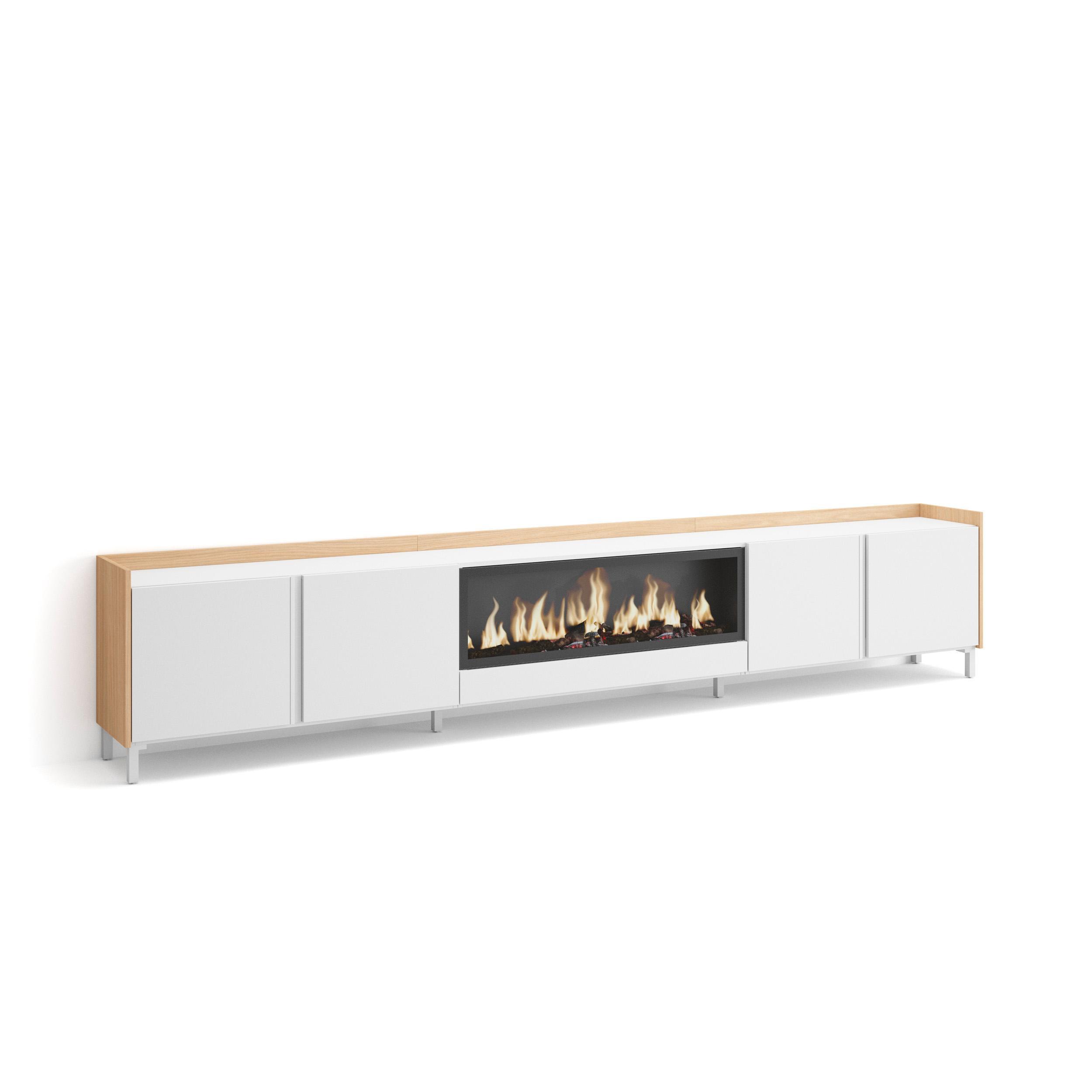 LOWBOARD, Weiß und Eiche, 315/35/61cm, Kamin mit Feuereffekt XXL - Weiß, Holzwerkstoff (315/61/35cm) - Skraut Home