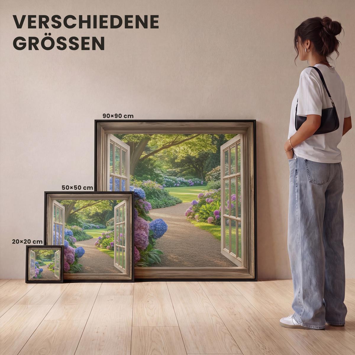 LEINWAND Bilder mit Rahmen - Aussicht - Garten - Fenster - Hortensie - Blumen - 50x50 - Pastellblau, Textil (50/50cm) - MuchoWow