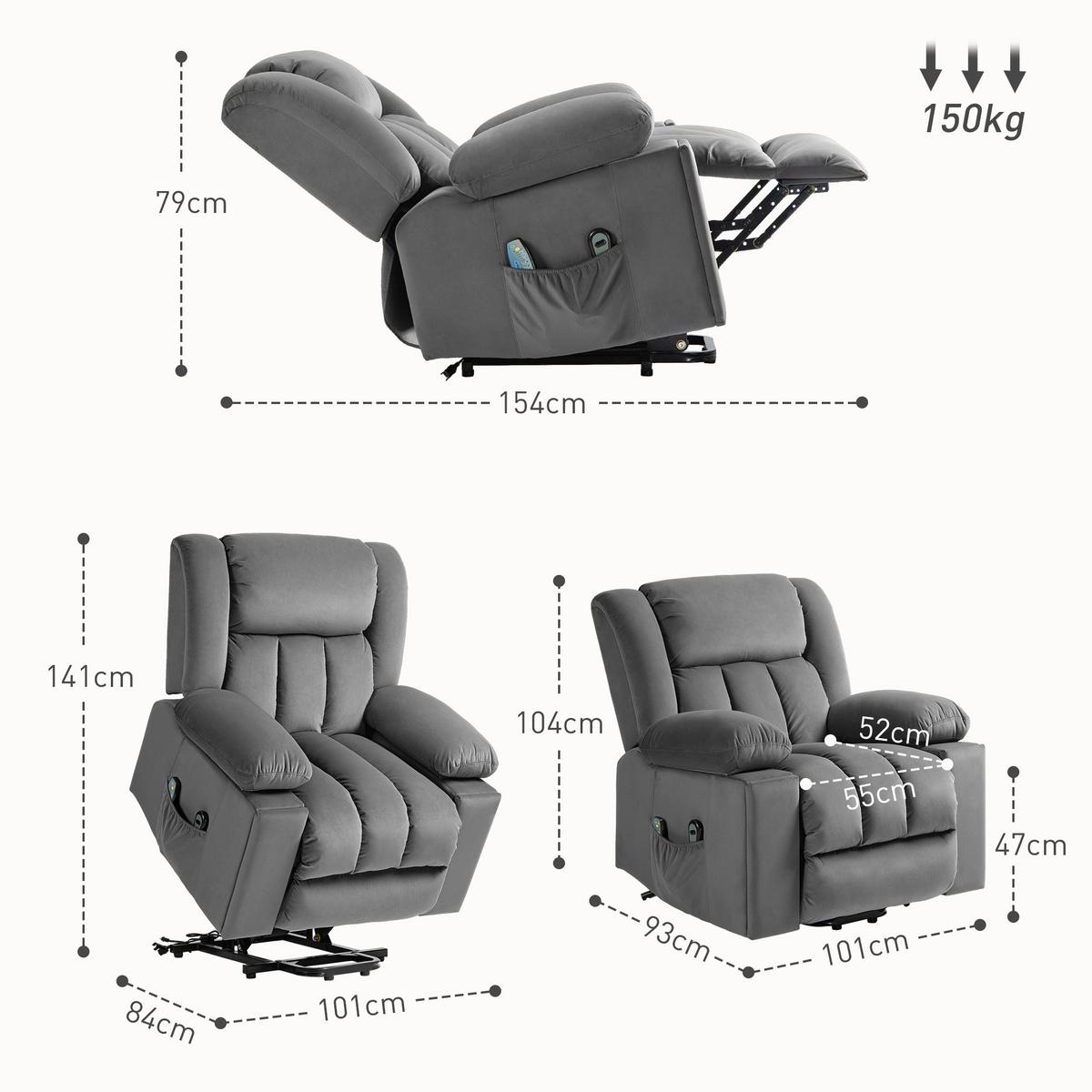 FERNSEHSESSEL mit Aufstehhilfe Relaxsessel mit Massage-/ Wärme-/Liegefunktion - Dunkelgrau, Textil (93/104/101cm) - HOMCOM