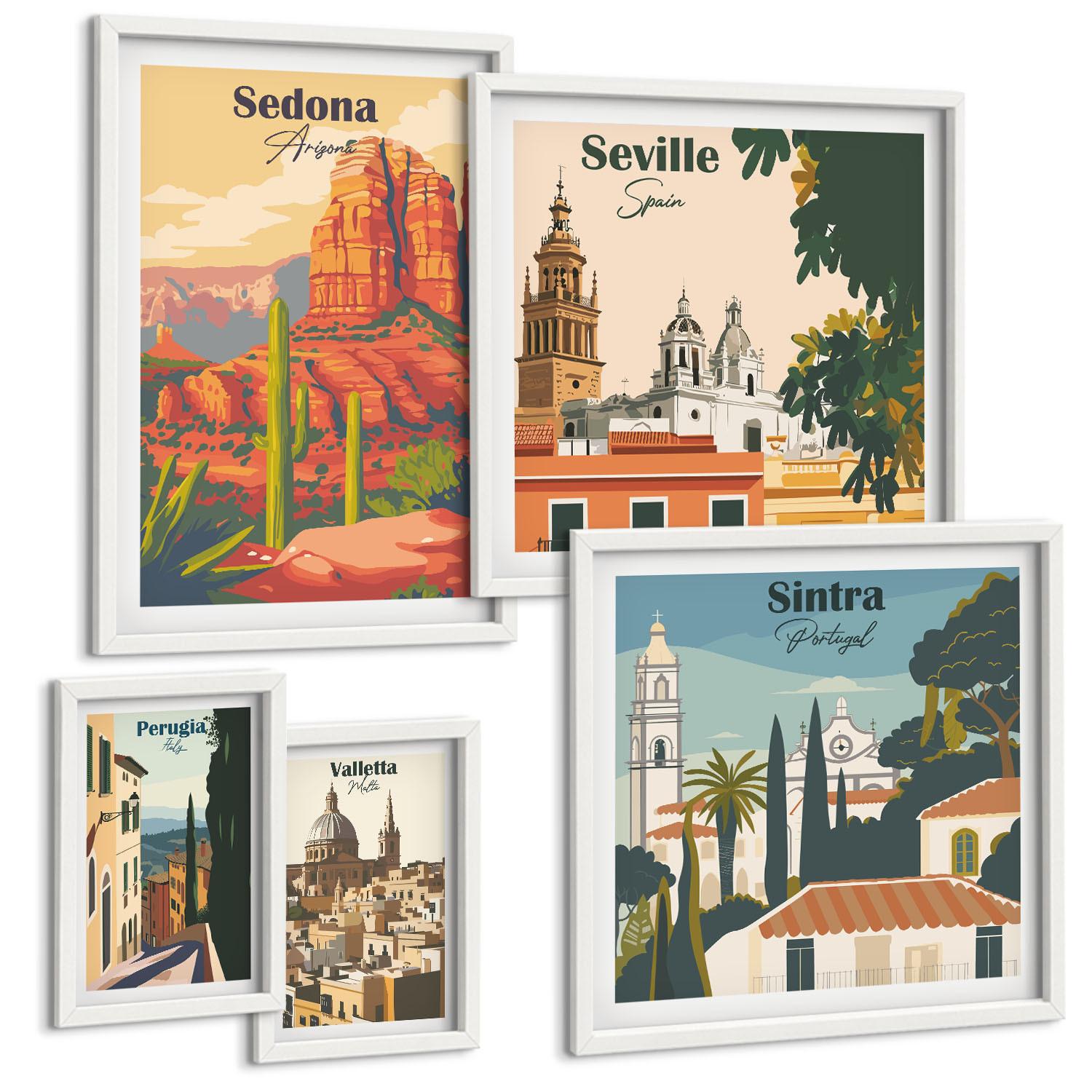 BILDER SET 5er Set - 50x50 cm & 20x30 cm & 40x60 cm Weißer Rahmen - Illustrationen von Küstenstädten - Weiß, Kunststoff (40/60cm) - TULUP